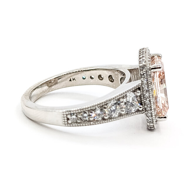 Ring Graduated Engagement Milgrain Halo 3.01ct Radiant Fancy Vivid Pink Lab Grown Diamond IGI: LG782699120 1.50ctw Colorless Lab Grown Diamonds 14kw 3mm Sz7 7.21g 126080001