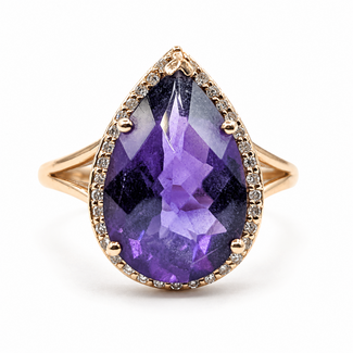 Ring Halo Tear Drop .12ctw Round Diamonds 5ct Purple Amethyst 14kr 2mm Sz6.75 4.09g 126070153