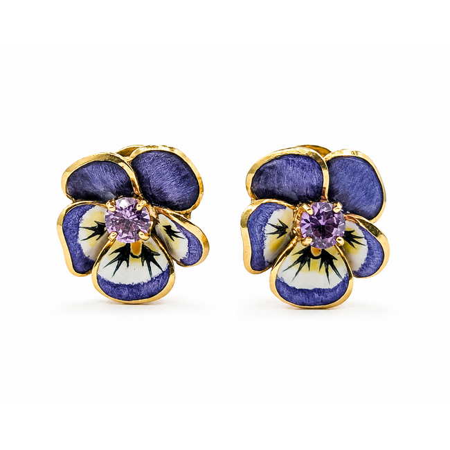 Earrings Purple Enamel Pansy .75ctw Purple Spinel 18ky .6x.6" 11.06g 226070152