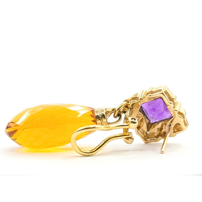 Earrings Omega Back Dangle .10ctw Round Diamonds 20ctw Golden Citrine 3ctw Purple Amethyst 18ky 1.75x.5" 17.29g 226080009