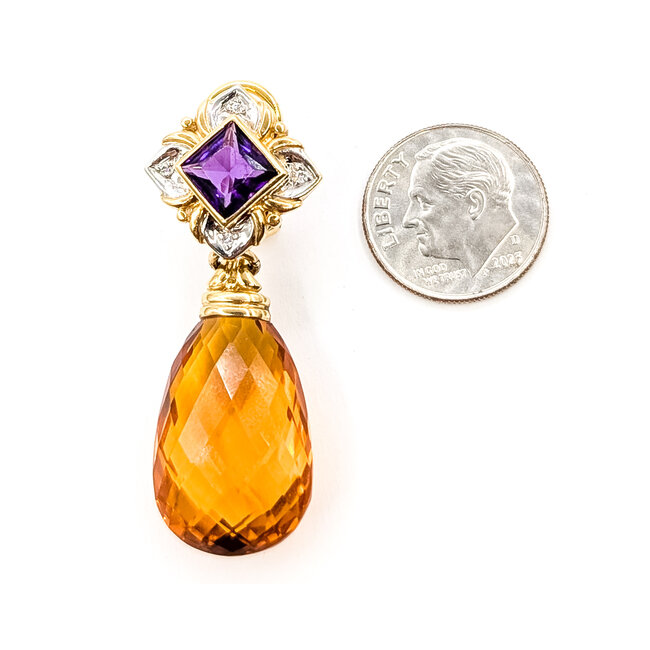 Earrings Omega Back Dangle .10ctw Round Diamonds 20ctw Golden Citrine 3ctw Purple Amethyst 18ky 1.75x.5" 17.29g 226080009