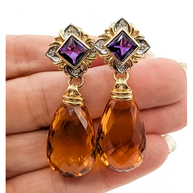 Earrings Omega Back Dangle .10ctw Round Diamonds 20ctw Golden Citrine 3ctw Purple Amethyst 18ky 1.75x.5" 17.29g 226080009