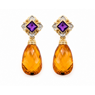 Earrings Omega Back Dangle .10ctw Round Diamonds 20ctw Golden Citrine 3ctw Purple Amethyst 18ky 1.75x.5" 17.29g 226080009