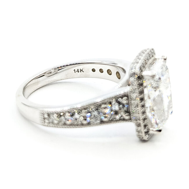 Ring Graduated Engagement Milgrain Halo 4.10ct Cushion Lab Grown Diamond IGI: LG739552836 .75ctw Colorless Lab Grown Diamonds 14kw 14mm Sz7 7.09g 126080002