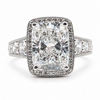 Ring Graduated Engagement Milgrain Halo 4.10ct Cushion Lab Grown Diamond IGI: LG739552836 .75ctw Colorless Lab Grown Diamonds 14kw 14mm Sz7 7.09g 126080002