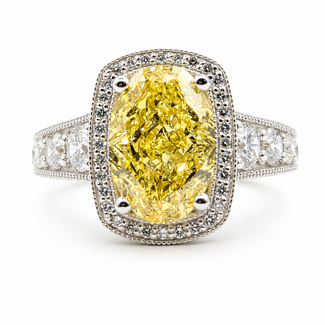 Ring Graduated Engagement Milgrain Halo 4.07ct Oval VS2 Fancy Vivid Yellow Lab Grown Diamond IGI: LG783631640 .75ctw Colorless Lab Grown Diamonds 14kw 15mm Sz7 7.22g 126080003