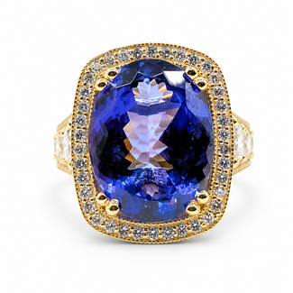 Ring Graduated Cocktail Milgrain Halo 2.25ctw Round Lab Grown Diamonds 12.06ct Violet Tanzanite 14ky 22mm Sz7 13.22g 126080004