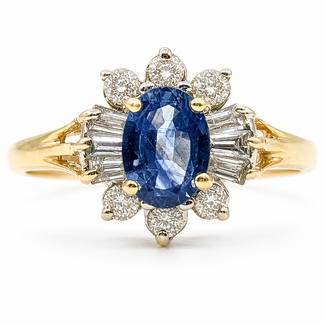 Ring Halo .37ctw Round & Baguette Diamonds 1ct Blue Sapphire 14ky 2mm Sz8 2.7g 126080022