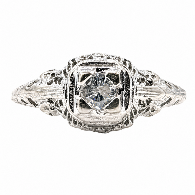 Ring Antique Filigree .17ct Round Diamond 14kw 8.3mm Sz8 1.87g 126080019