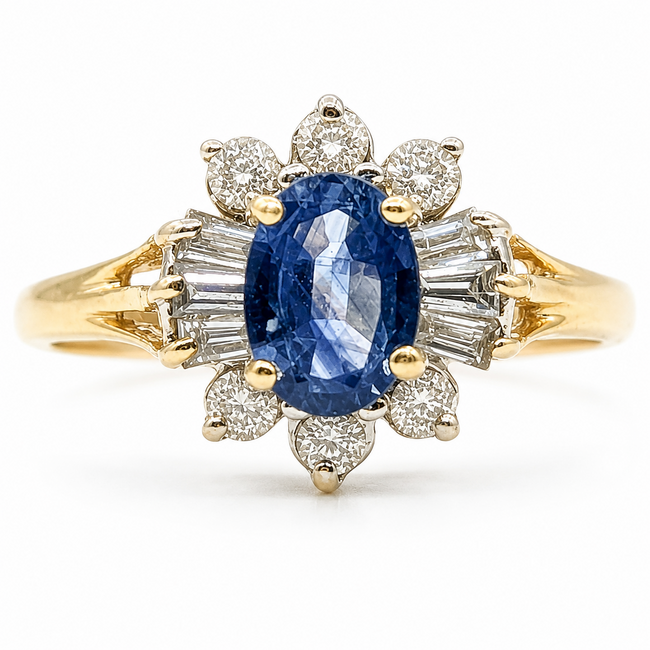 Ring Halo .37ctw Round & Baguette Diamonds 1ct Blue Sapphire 14ky 2mm Sz8 2.7g 126080022