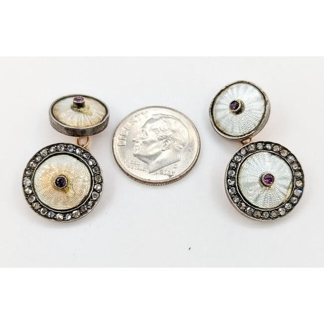 Cufflink Round Guilloche 0.50ctw Round Diamonds  0.04ct Red Ruby    14ky 15mm,12mm  9.84g 226070116