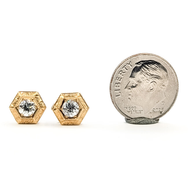 Earrings Geometric Stud Ornate Hexagonal .50ctw Old European Diamonds 14ky 9mm 1.1g 126080030