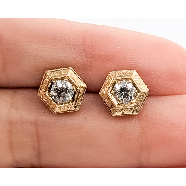 Earrings Geometric Stud Ornate Hexagonal .50ctw Old European Diamonds 14ky 9mm 1.1g 126080030
