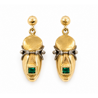 Earrings Stud Dangle Clog .10ctw Green Emerald 18ky 1x.33" 3.36g 126080029