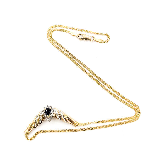 Necklace Twisted Ribbon Bars V-Shape .33ctw Round & Baguette Diamonds .50ct Midnight Sapphire 10ky 17" 5.49g 126080031