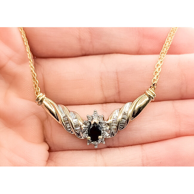 Necklace Twisted Ribbon Bars V-Shape .33ctw Round & Baguette Diamonds .50ct Midnight Sapphire 10ky 17" 5.49g 126080031