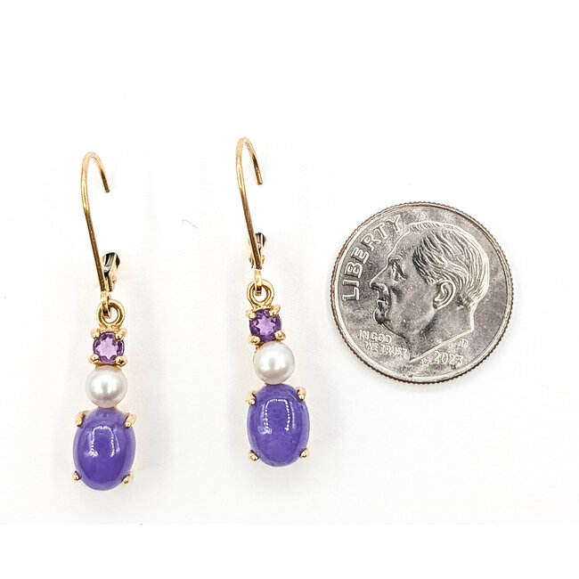 Earrings Dangle Leverback 2.6ctw Lavander Jade 4mm White Pearl 14ky 1.2x.2" 2.64g 126080049