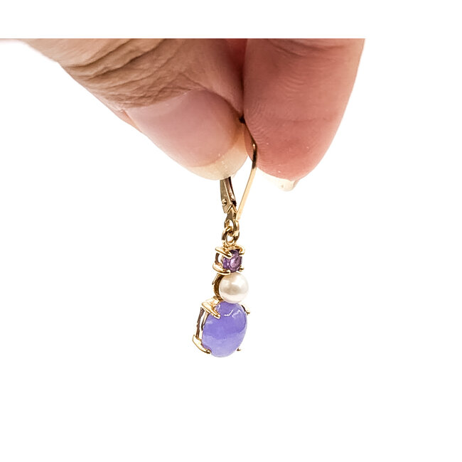 Earrings Dangle Leverback 2.6ctw Lavander Jade 4mm White Pearl 14ky 1.2x.2" 2.64g 126080049