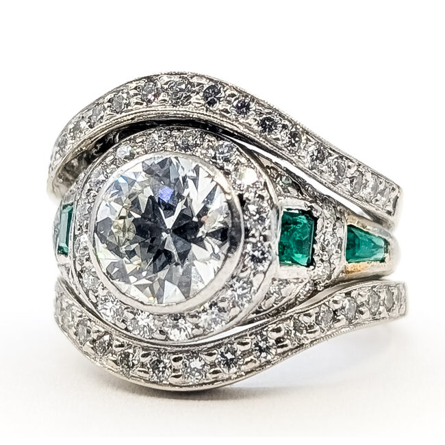 Ring Engagement Anniversary Set Antique Milgrain 1.91ctw Round Diamonds .32ctw Green Emerald Platinum & 14kw 15.5mm Sz5 8.18g 226080007