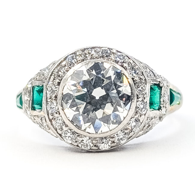 Ring Engagement Anniversary Set Antique Milgrain 1.91ctw Round Diamonds .32ctw Green Emerald Platinum & 14kw 15.5mm Sz5 8.18g 226080007