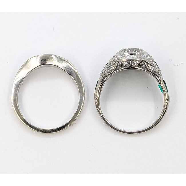 Ring Engagement Anniversary Set Antique Milgrain 1.91ctw Round Diamonds .32ctw Green Emerald Platinum & 14kw 15.5mm Sz5 8.18g 226080007