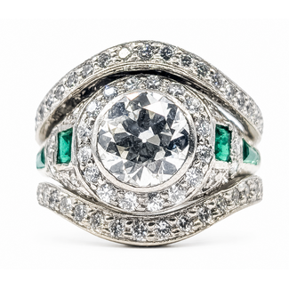 Ring Engagement Anniversary Set Antique Milgrain 1.91ctw Round Diamonds .32ctw Green Emerald Platinum & 14kw 15.5mm Sz5 8.18g 226080007