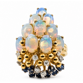 Ring Floral Spray Cocktail .16ctw Round Diamonds .21ctw Blue Sapphire 3.7ctw White Opal 18ky 25x16mm Sz8.5 10.19g 126080043