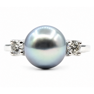 Ring 3-Stone .16ctw Round Diamonds 9mm Tahitian Pearl 14kw 2mm Sz7 3.82g 126080020