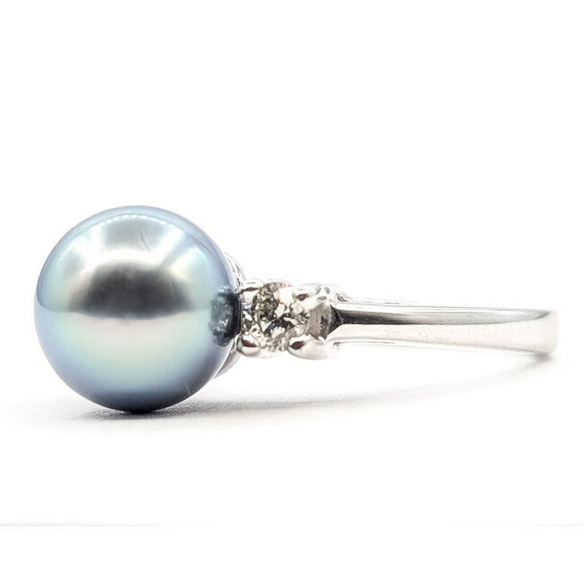 Ring 3-Stone .16ctw Round Diamonds 9mm Tahitian Pearl 14kw 2mm Sz7 3.82g 126080020