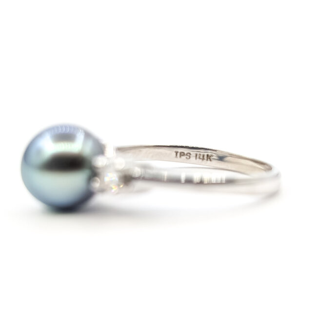 Ring 3-Stone .16ctw Round Diamonds 9mm Tahitian Pearl 14kw 2mm Sz7 3.82g 126080020