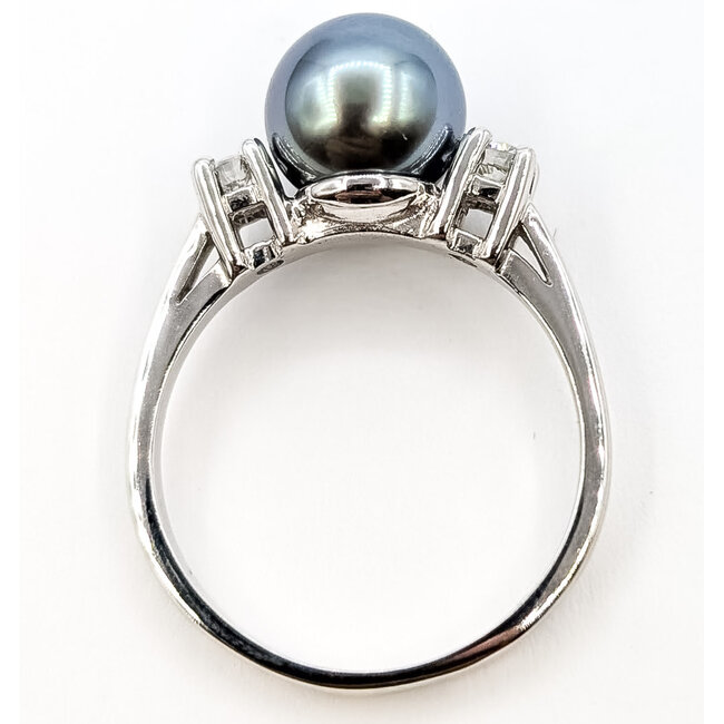 Ring 3-Stone .16ctw Round Diamonds 9mm Tahitian Pearl 14kw 2mm Sz7 3.82g 126080020