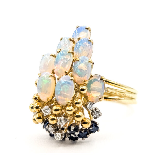 Ring Floral Spray Cocktail .16ctw Round Diamonds .21ctw Blue Sapphire 3.7ctw White Opal 18ky 25x16mm Sz8.5 10.19g 126080043
