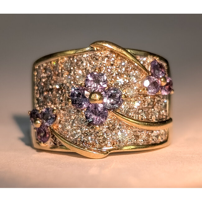Ring Floral Cluster Cocktail 1.5ctw Round Diamonds 1.00ctw Color-Changing Alexandrite 14ky 16mm Sz9 9.51g 226080013