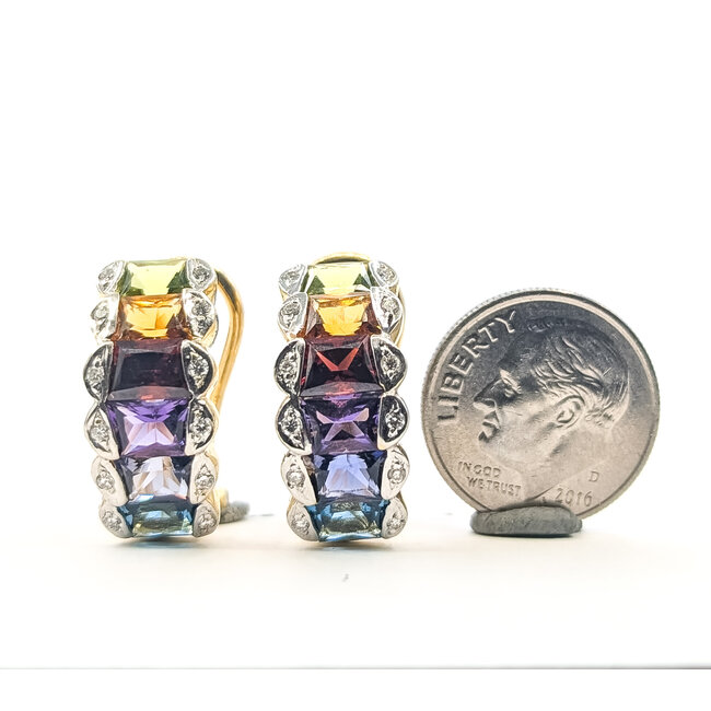 Earrings Multi-Gemstone Omega Back .10ctw Round Diamonds 6ctw Peridot, Garnet, Citrine, Amethyst, Iolite, London Blue Topaz 18ky .75x.3" 11.27g 226080025
