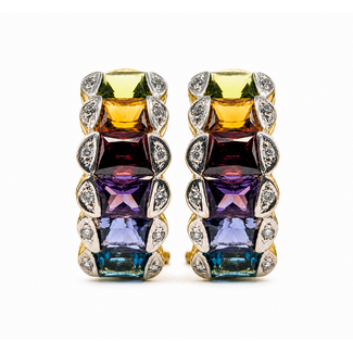 Earrings Multi-Gemstone Omega Back .10ctw Round Diamonds 6ctw Peridot, Garnet, Citrine, Amethyst, Iolite, London Blue Topaz 18ky .75x.3" 11.27g 226080025