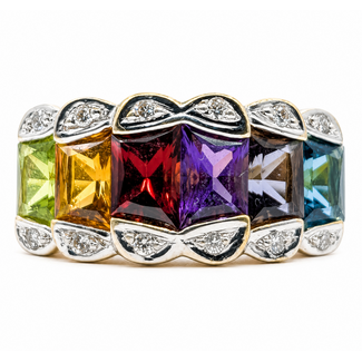 Ring Multi-Gemstone Architectual Band .05ctw Round Diamonds 3ctw Peridot, Garnet, Citrine, Amethyst, Iolite, London Blue Topaz 18ky 5mm Sz7.5 6.64g 226080026