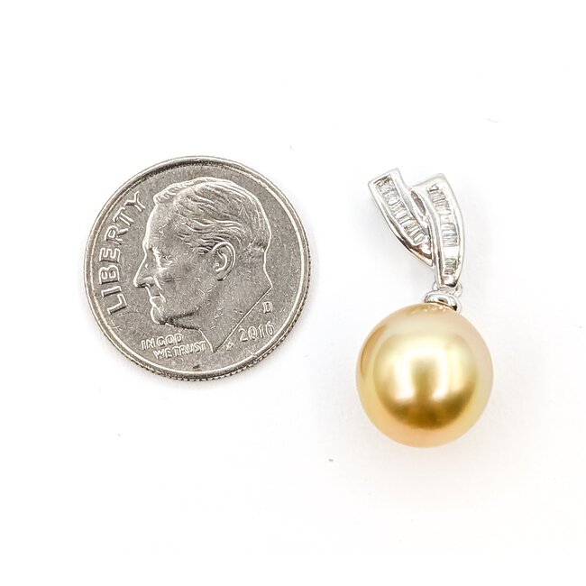 Pendant Drop .08ctw Baguette Diamonds 10mm Golden South Sea Pearl 18kw 10.2mm 2.51g 226080021
