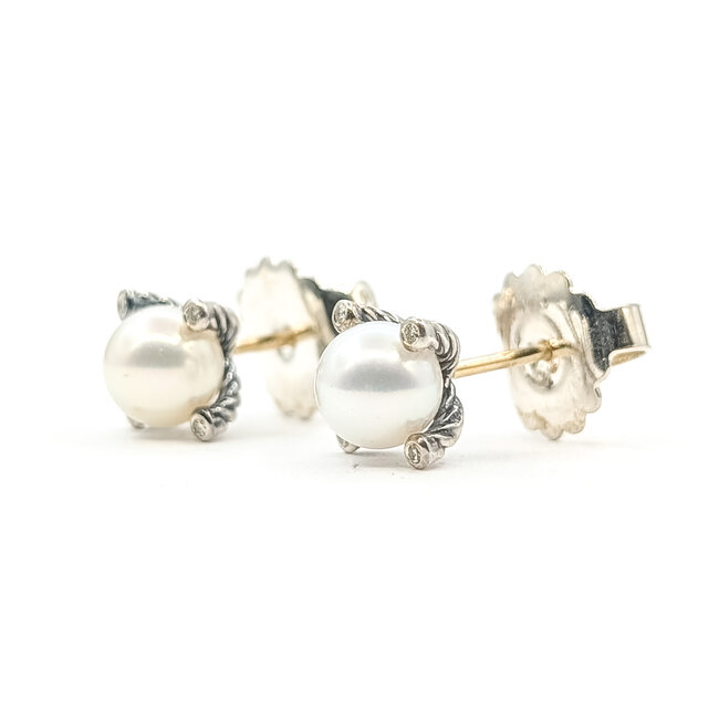Earrings David Yurman Stud .03ctw Round Diamonds 6mm White Freshwater Pearls 925 7.4mm 2.73g 126080059