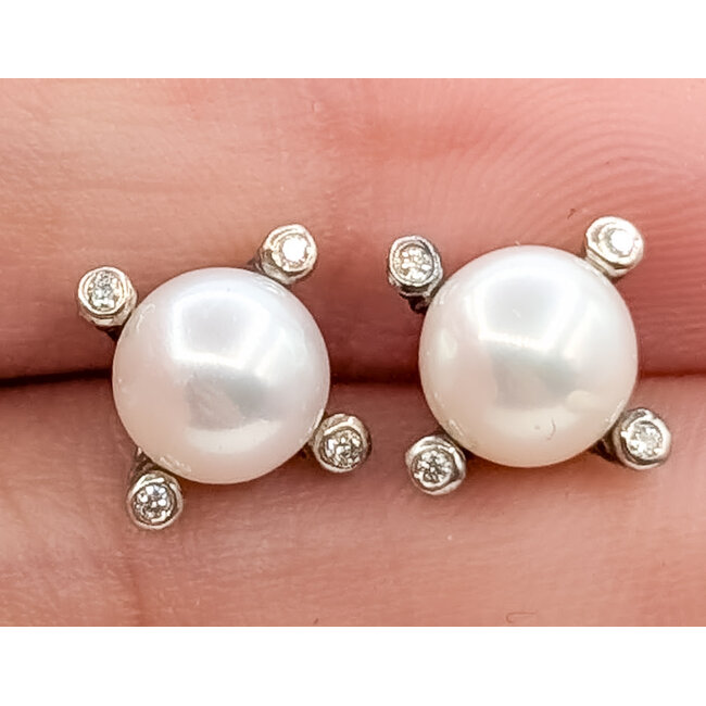 Earrings David Yurman Stud .03ctw Round Diamonds 6mm White Freshwater Pearls 925 7.4mm 2.73g 126080059