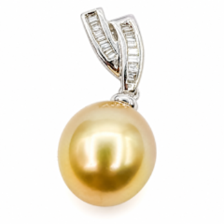 Pendant Drop .08ctw Baguette Diamonds 10mm Golden South Sea Pearl 18kw 10.2mm 2.51g 226080021