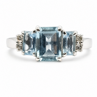 Ring 3-Stone .06ctw Round Diamonds 1.5ctw Sky Blue Aquamarine 14kw 2mm Sz6.5 3.29g 126080061