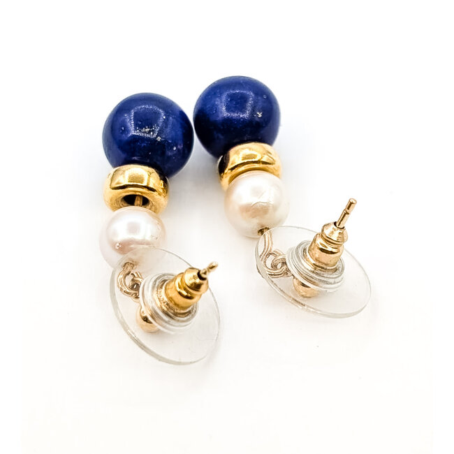 Earrings Dangle Layered 9mm Blue Lapis 6.25mm White Pearl 14ky 9mm 1" 3.86g 226080035