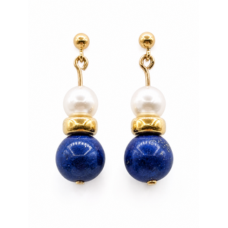 Earrings Dangle Layered 9mm Blue Lapis 6.25mm White Pearl 14ky 9mm 1" 3.86g 226080035