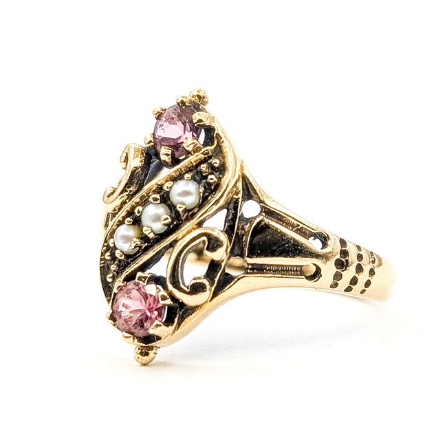 Ring Filigree Navette .25ctw Pink Tourmaline 1.5mm Seed Pearl 9ky 18mm Sz6.5 3.19g 126080115