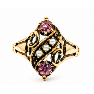 Ring Filigree Navette .25ctw Pink Tourmaline 1.5mm Seed Pearl 9ky 18mm Sz6.5 3.19g 126080115