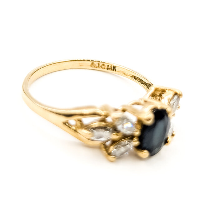 Ring Botanical 7-Stone .50ctw Marquise Diamonds 1.15ct Teal Blue Sapphire 14ky 7mm Sz7.5 2.48g 126090003