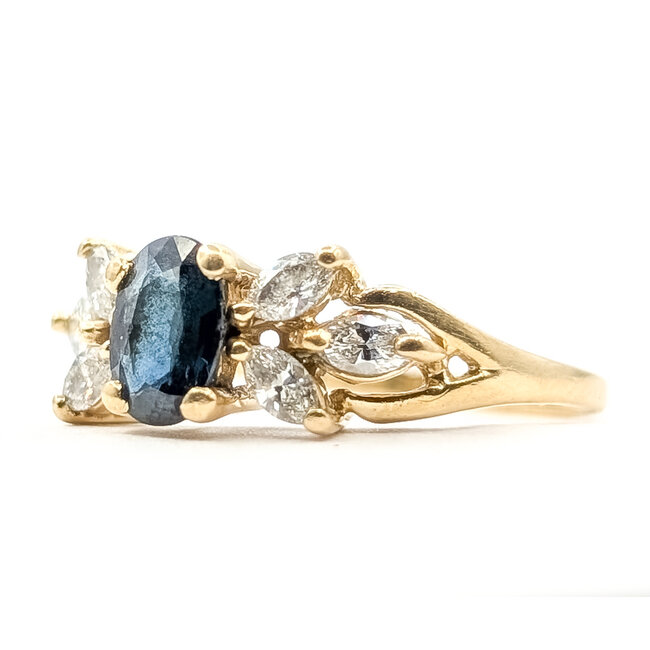 Ring Botanical 7-Stone .50ctw Marquise Diamonds 1.15ct Teal Blue Sapphire 14ky 7mm Sz7.5 2.48g 126090003