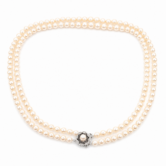 Pearl Double Strand Graduated .10ctw Round Diamonds  5.5-9mm White Akoya    14kw  20" 62.25g 226080027
