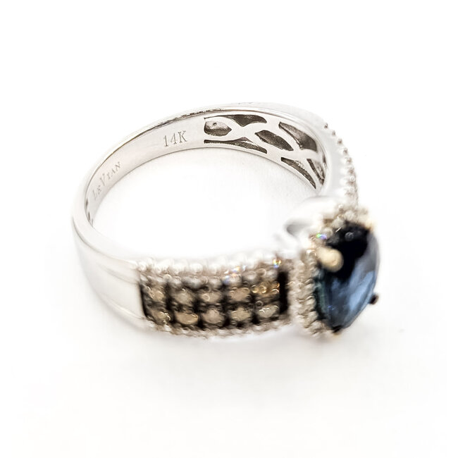 Ring LeVian Halo .50ctw White & Chocolate Round Diamonds 1ct Royal Blue Sapphire 14kw 5.5mm Sz7 4.46g 126080086