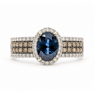 Ring LeVian Halo .50ctw White & Chocolate Round Diamonds 1ct Royal Blue Sapphire 14kw 5.5mm Sz7 4.46g 126080086